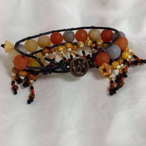 Woven Bracelet w/Aventurine,Jade and Agate , Fringe, Flowers, Antique Button